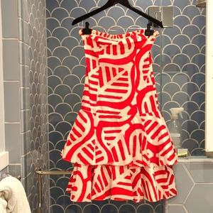 Diane von Furstenberg red and white strapless print dress with ruffles size 2